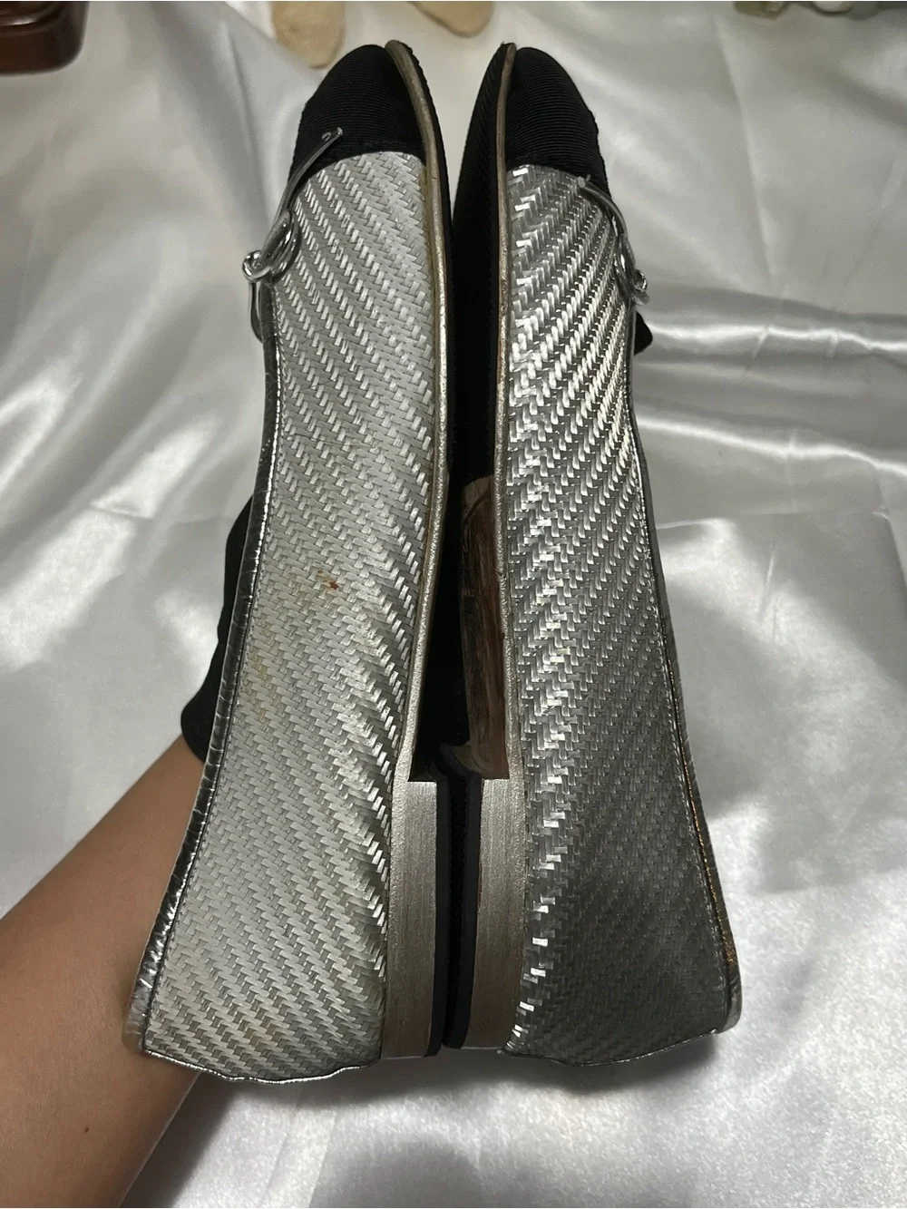 CHANEL Silver and Black Quilted Cap-Toe Ballet Flats